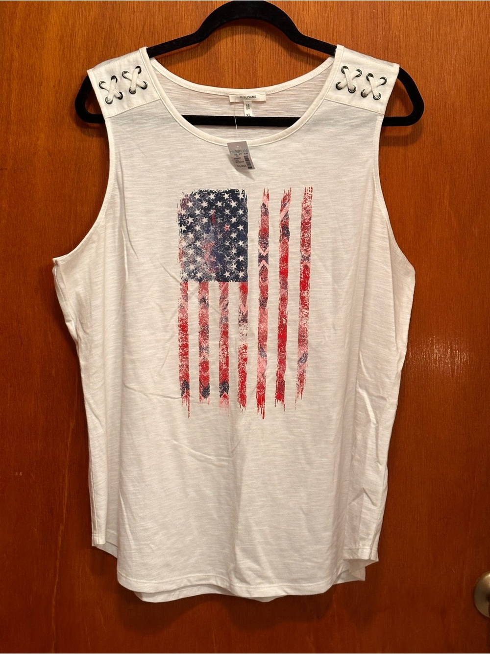 Maurices White Tank with Distressed Red & Blue Flag Print and Grommet Shoulders